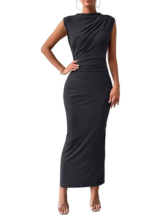 Dresses & Skirts - Women's Dark Grey Ruched Bodycon Sleeveless Slit Elegant Cocktail Maxi Dress